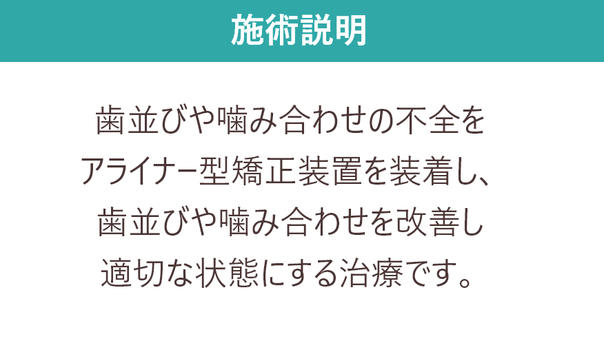 歯並びや噛み合わせの不全を
            アライナー型矯正装置を装着し、
            歯並びや噛み合わせを改善し
            適切な状態にする治療です。